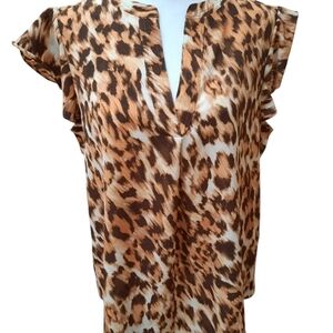 Calvin Klein Leopard Print Ruffle Sleeve Blouse